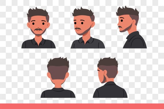 Mustachioed man poses showing different sides of face after visiting barbershop. Young man with fashionable hairstyle and stubble recommends good hairdresser to improve appearance.