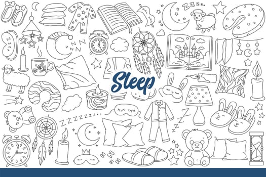 Symbols of sleep and healthy rest such as pajamas and pillows or candles and night amulets. Inscription sleep near toy bear and slippers or alarm clock and moon in sky. Hand drawn.