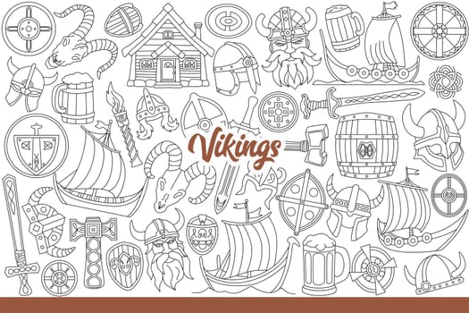 Viking logo near armor and ships or weapons belonging to ancient scandinavian robbers. Helmets to protect viking heads in battle and sea vessels of medieval nordic sailors. Hand drawn.