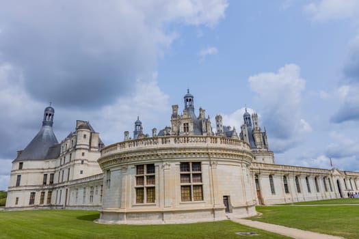 Chambord, France - August 18, 2024: View of the royal castle of Chambord, France. This castle is located in Loire Valley, built in the 16th century and is one of the most recognizable in the world.