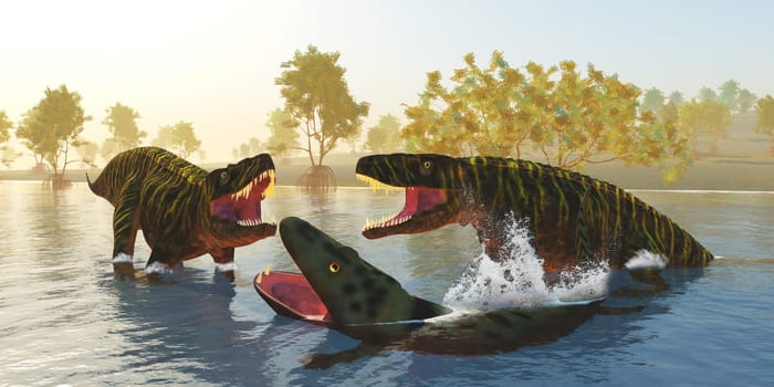 Two Batrachotomus reptiles corner a Mastodonsaurus during the Triassic Period of Europe.