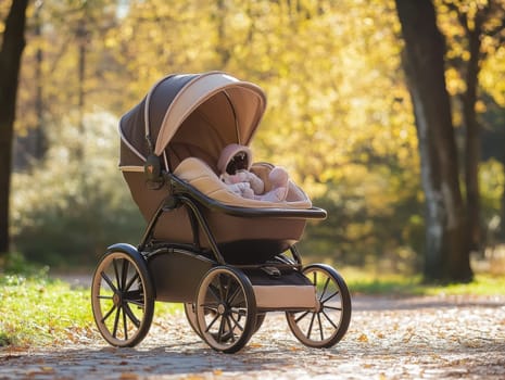 A cozy stroller with a baby in an autumn park, highlighting warmth and seasonal beauty.