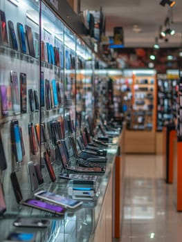 A well-arranged display of smartphones in an electronics store, showcasing the latest technology for sale.