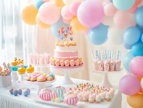 Elegant dessert table set with pastel treats and balloons, perfect for a festive celebration.