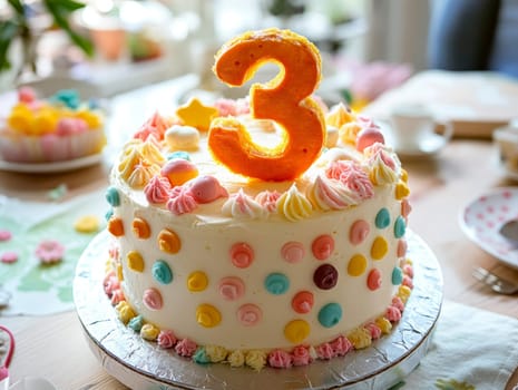 Charming cake for a third birthday decorated with colorful swirls and a large orange number three.