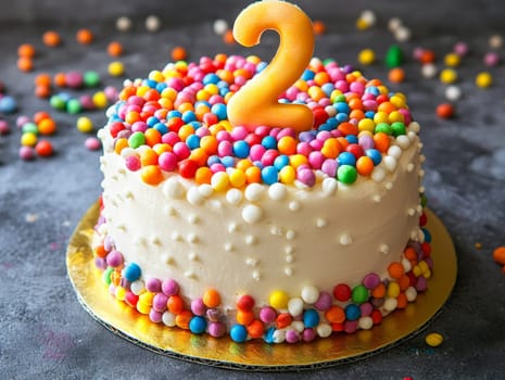 A white birthday cake adorned with vibrant sprinkles and a number two candle on top.