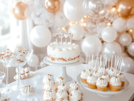 Sophisticated dessert table with white and gold decor, featuring an array of exquisite treats.