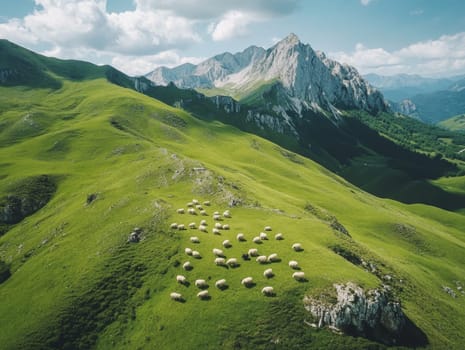 Aerial view of sheep grazing on lush green hills with majestic mountains in the background on a sunny day.