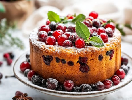 Delicious cake adorned with fresh berries and powdered sugar, perfect for festive holiday celebrations.