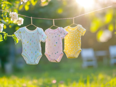 Three colorful baby onesies hanging on a clothesline in bright sunlight, representing freshness and care.