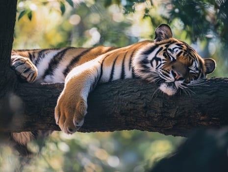 A majestic tiger rests peacefully on a tree branch, bathed in gentle sunlight amidst lush greenery.