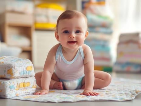 A cheerful baby sits on a soft floor mat, surrounded by diapers, expressing joy and innocence.