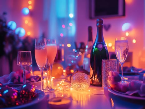 A beautifully arranged festive table with sparkling lights and elegant glasses, ready for celebration.