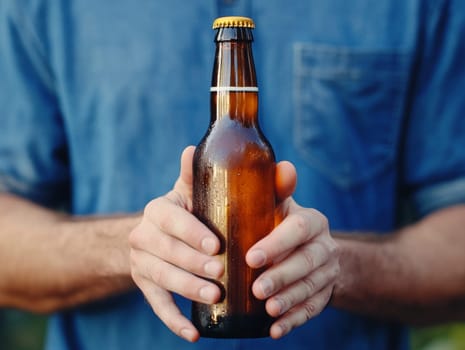 Hands of a man holding a beer bottle, set against a casual outdoor backdrop, suggesting relaxation.