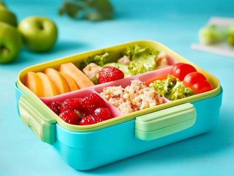 Colorful lunchbox filled with fresh fruits and vegetables, presenting a balanced and nutritious meal option.