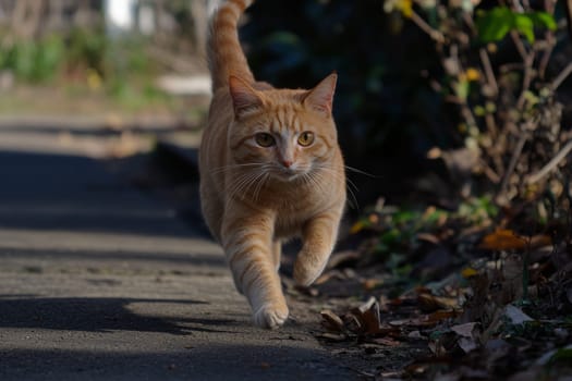 A ginger cat runs energetically along a path, surrounded by autumn leaves.