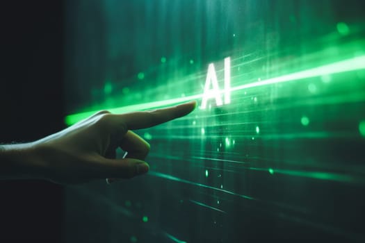 Connect to the future. Switch to AI. New technology. Data science, information technology concept. Human touching on AI machine learning on virtual screen with big data. Big data technology and data science. Person touching visual data. Artificial intelligence, machine learning, business analytics, data mining