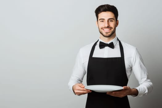 A cheerful waiter in a bow tie holds a white plate ready to serve customers in an elegant dining environment.
