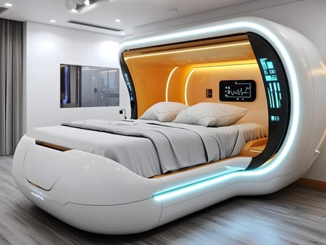 A futuristic hospital controlled by AI conveys the advancement of medical technology and high efficiency of healthcare. Perfect for illustrations for research articles about the future of healthcare.