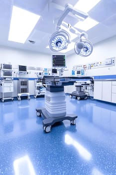 A futuristic hospital controlled by AI conveys the advancement of medical technology and high efficiency of healthcare. Perfect for illustrations for research articles about the future of healthcare.
