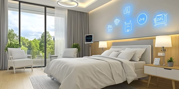 A futuristic hospital controlled by AI conveys the advancement of medical technology and high efficiency of healthcare. Perfect for illustrations for research articles about the future of healthcare.