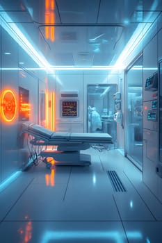 A futuristic hospital controlled by AI conveys the advancement of medical technology and high efficiency of healthcare. Perfect for illustrations for research articles about the future of healthcare.