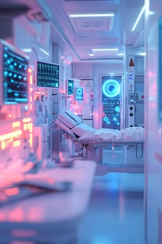A futuristic hospital controlled by AI conveys the advancement of medical technology and high efficiency of healthcare. Perfect for illustrations for research articles about the future of healthcare.
