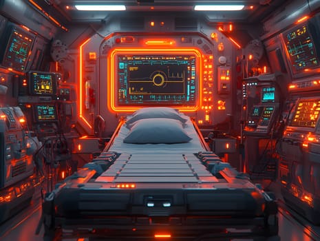 A futuristic hospital controlled by AI conveys the advancement of medical technology and high efficiency of healthcare. Perfect for illustrations for research articles about the future of healthcare.