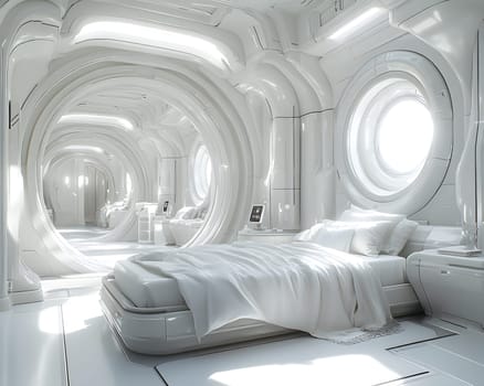 A futuristic hospital controlled by AI conveys the advancement of medical technology and high efficiency of healthcare. Perfect for illustrations for research articles about the future of healthcare.