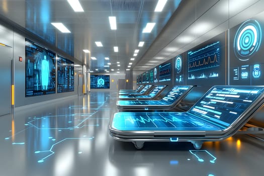 A futuristic hospital controlled by AI conveys the advancement of medical technology and high efficiency of healthcare. Perfect for illustrations for research articles about the future of healthcare.