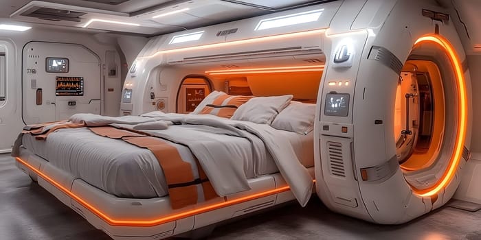 A futuristic hospital controlled by AI conveys the advancement of medical technology and high efficiency of healthcare. Perfect for illustrations for research articles about the future of healthcare.