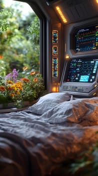 A futuristic hospital controlled by AI conveys the advancement of medical technology and high efficiency of healthcare. Perfect for illustrations for research articles about the future of healthcare.