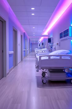 A futuristic hospital controlled by AI conveys the advancement of medical technology and high efficiency of healthcare. Perfect for illustrations for research articles about the future of healthcare.