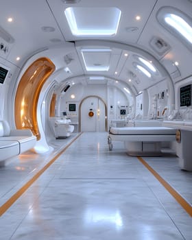 A futuristic hospital controlled by AI conveys the advancement of medical technology and high efficiency of healthcare. Perfect for illustrations for research articles about the future of healthcare.