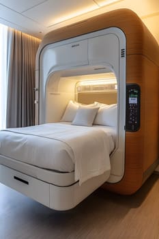 A futuristic hospital controlled by AI conveys the advancement of medical technology and high efficiency of healthcare. Perfect for illustrations for research articles about the future of healthcare.