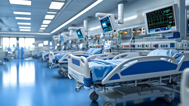 A futuristic hospital controlled by AI conveys the advancement of medical technology and high efficiency of healthcare. Perfect for illustrations for research articles about the future of healthcare.