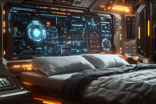 A futuristic hospital controlled by AI conveys the advancement of medical technology and high efficiency of healthcare. Perfect for illustrations for research articles about the future of healthcare.