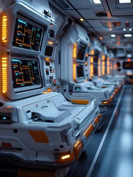 A futuristic hospital controlled by AI conveys the advancement of medical technology and high efficiency of healthcare. Perfect for illustrations for research articles about the future of healthcare.