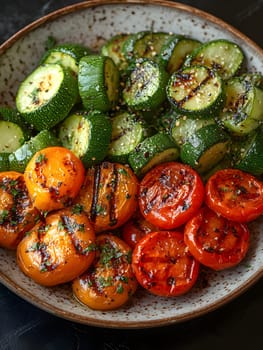 Colorful grilled vegetables on plate represent the freshness and attention to detail of the food, suitable for health communication, advertising healthy food that emphasizes the balance of nutrients.
