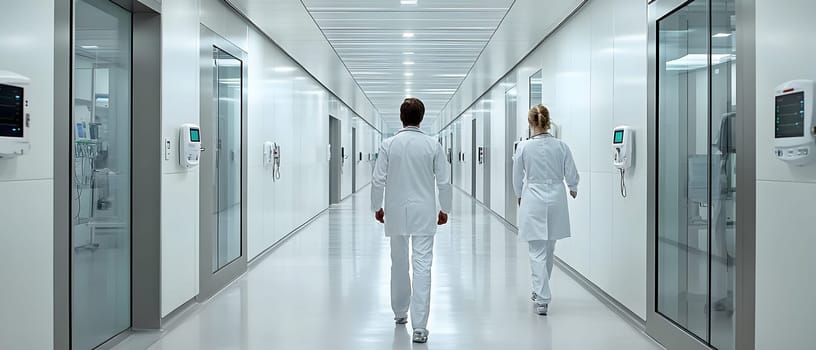 A futuristic hospital controlled by AI conveys the advancement of medical technology and high efficiency of healthcare. Perfect for illustrations for research articles about the future of healthcare.
