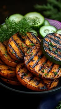 Colorful grilled vegetables on plate represent the freshness and attention to detail of the food, suitable for health communication, advertising healthy food that emphasizes the balance of nutrients.