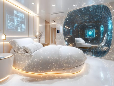 A futuristic hospital controlled by AI conveys the advancement of medical technology and high efficiency of healthcare. Perfect for illustrations for research articles about the future of healthcare.