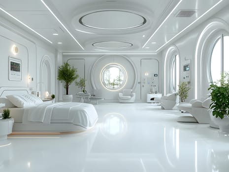 A futuristic hospital controlled by AI conveys the advancement of medical technology and high efficiency of healthcare. Perfect for illustrations for research articles about the future of healthcare.