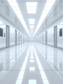 A futuristic hospital controlled by AI conveys the advancement of medical technology and high efficiency of healthcare. Perfect for illustrations for research articles about the future of healthcare.