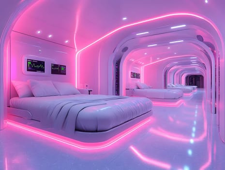 A futuristic hospital controlled by AI conveys the advancement of medical technology and high efficiency of healthcare. Perfect for illustrations for research articles about the future of healthcare.