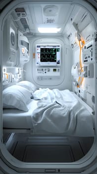 A futuristic hospital controlled by AI conveys the advancement of medical technology and high efficiency of healthcare. Perfect for illustrations for research articles about the future of healthcare.