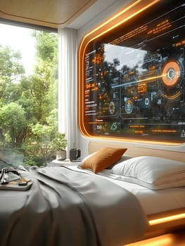 A futuristic hospital controlled by AI conveys the advancement of medical technology and high efficiency of healthcare. Perfect for illustrations for research articles about the future of healthcare.