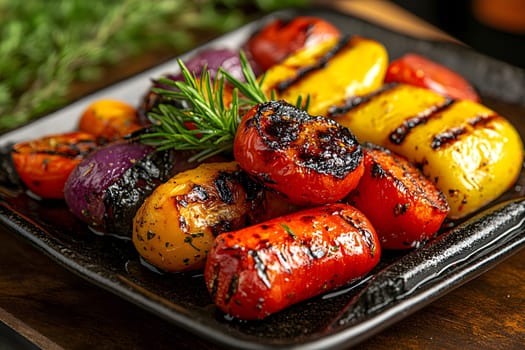 Colorful grilled vegetables on plate represent the freshness and attention to detail of the food, suitable for health communication, advertising healthy food that emphasizes the balance of nutrients.