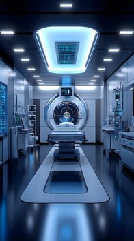 A futuristic hospital controlled by AI conveys the advancement of medical technology and high efficiency of healthcare. Perfect for illustrations for research articles about the future of healthcare.