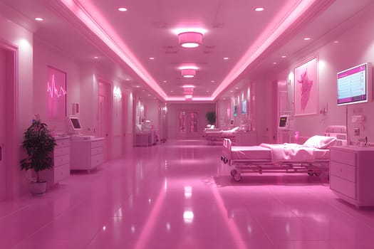 A futuristic hospital controlled by AI conveys the advancement of medical technology and high efficiency of healthcare. Perfect for illustrations for research articles about the future of healthcare.